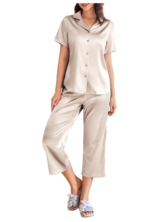 Womens Satin Capri Pajamas Set Silk Short Sleeve Pjs 2 Piece Lounge Sets Button Down Sleepwear