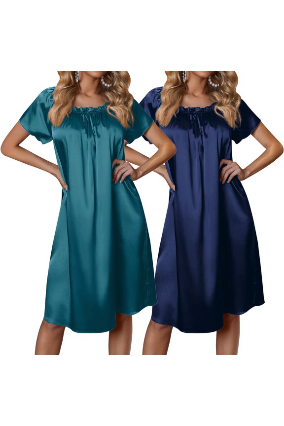 Satin Nightgowns for Women 2 Pack Silk Nightgown Pleated Loose Night Shirts Short Sleeve Sleep Shirts