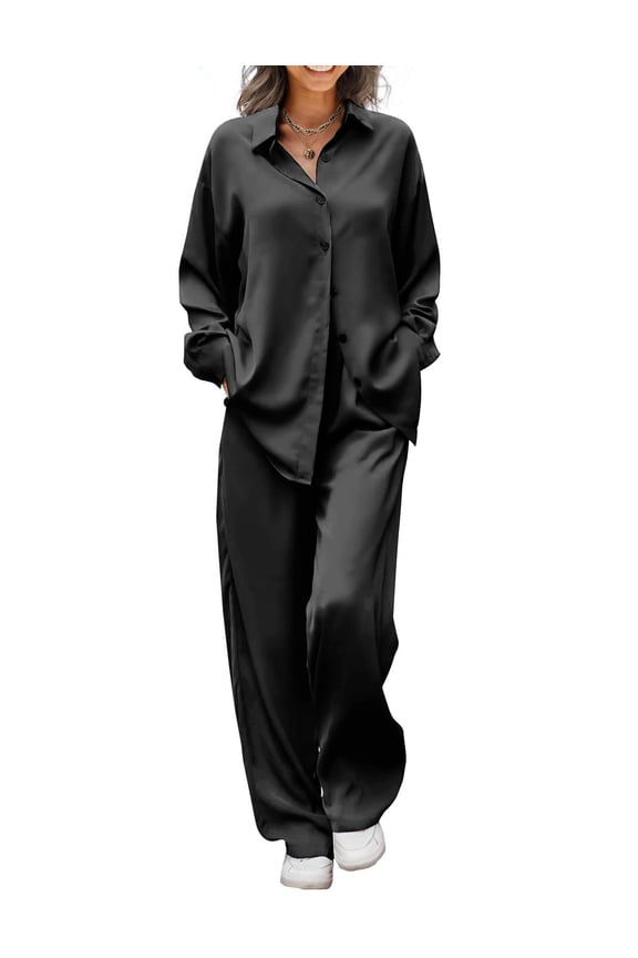 Womens 2 Piece Silk Satin Pajama Set Long Sleeve Lounge Sets Button Down Shirts and Pants PJs Soft Sleepwear Sets