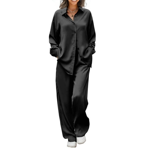 Ekouaer Womens 2 Piece Silk Satin Pajama Set Long Sleeve Lounge Sets Button Down Shirts and Pants PJs Soft Sleepwear Sets