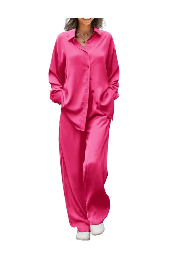 Womens 2 Piece Silk Satin Pajama Set Long Sleeve Lounge Sets Button Down Shirts and Pants PJs Soft Sleepwear Sets