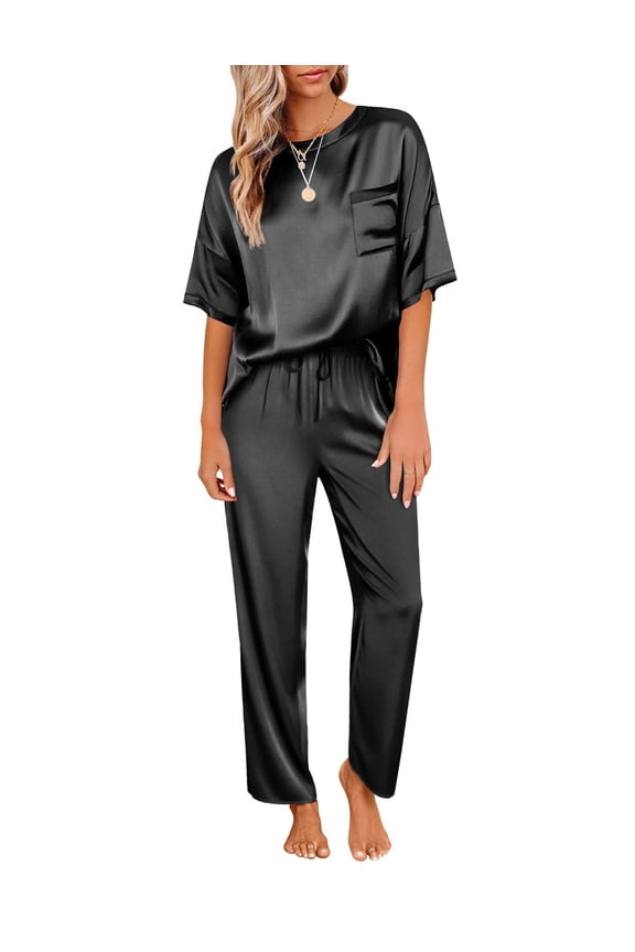 Womens Silk Satin Pajamas Set Two Piece Pj Sets Sleepwear Loungewear Short Sleeve Pj Sets
