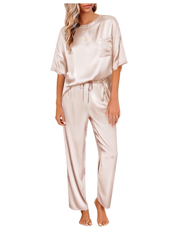 Womens Silk Satin Pajamas Set Two Piece Pj Sets Sleepwear Loungewear Short Sleeve Pj Sets
