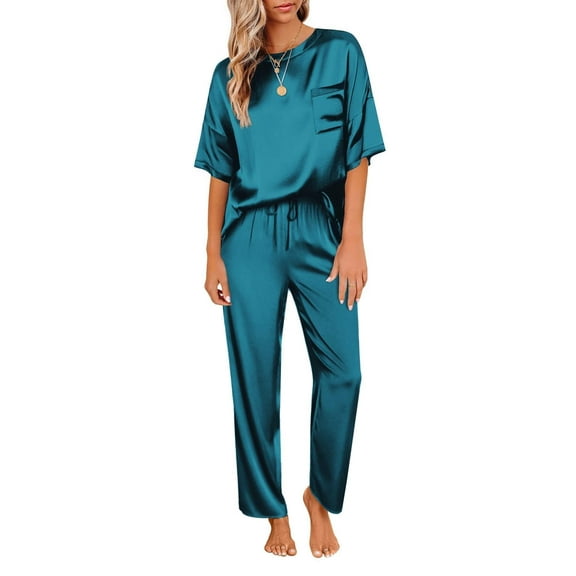 Ekouaer Womens Silk Satin Pajamas Set Two Piece Pj Sets Sleepwear Loungewear Short Sleeve Pj Sets