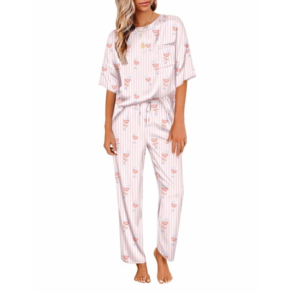 Ekouaer Womens Satin Silky Pajama Set Short Sleeve Shirt with Long Pajama Pant Set Soft PJ Loungewear