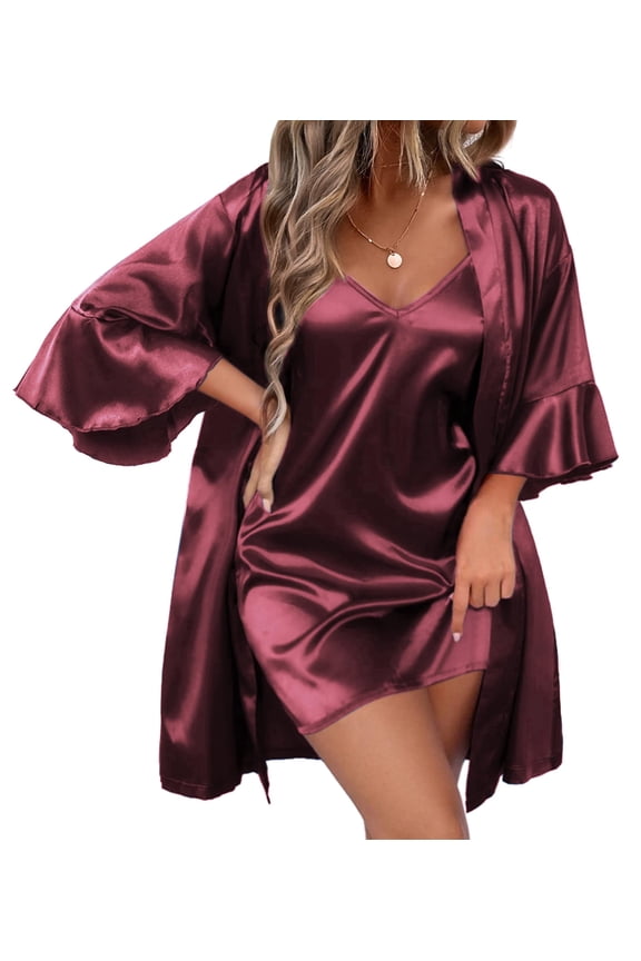 Womens Silk Robe Set 2-Piece Satin Bathrobe V-neck Bridal Party Robe