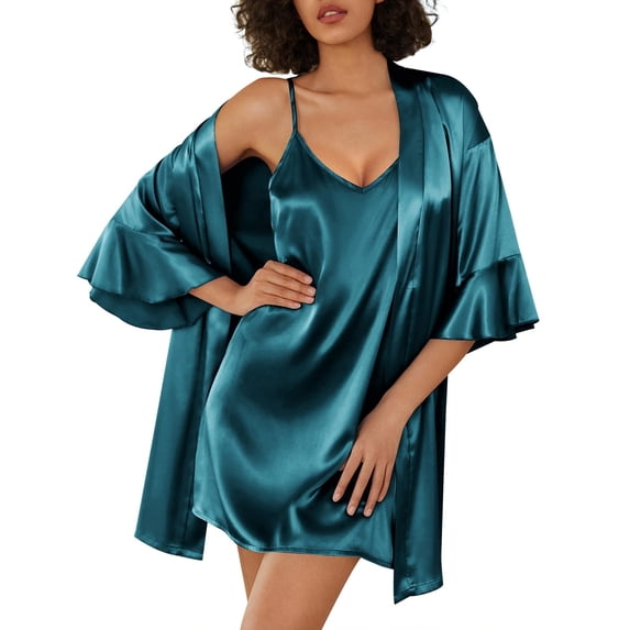 Ekouaer Womens Silk Robe Set 2-Piece Satin Bathrobe V-neck Bridal Party Robe