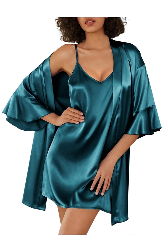 Womens Silk Robe Set 2-Piece Satin Bathrobe V-neck Bridal Party Robe