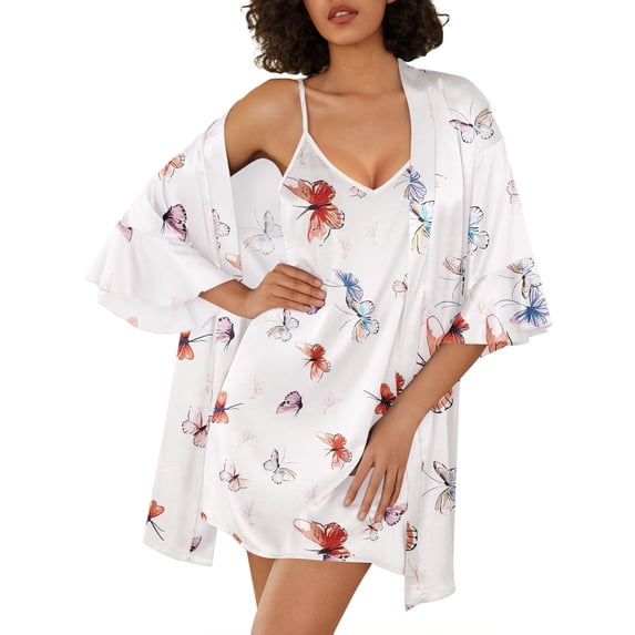 Ekouaer Womens Silk Robe Set 2-Piece Satin Bathrobe V-neck Bridal Party Robe