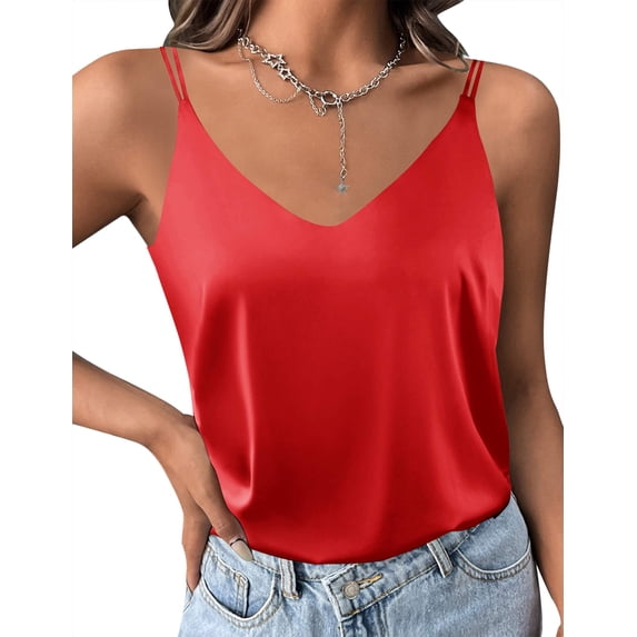 Ekouaer Womens Silk Satin Camisole V-Neck Spaghetti Strap Sleeveless Top with Cross Back Design