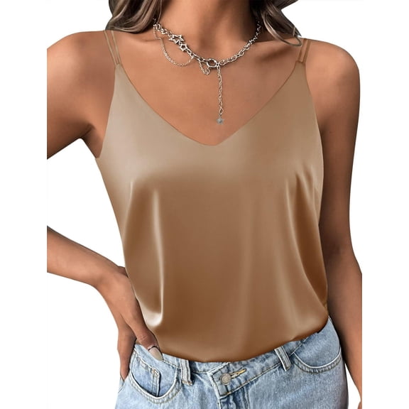 Ekouaer Womens Silk Satin Camisole V-Neck Spaghetti Strap Sleeveless Top with Cross Back Design