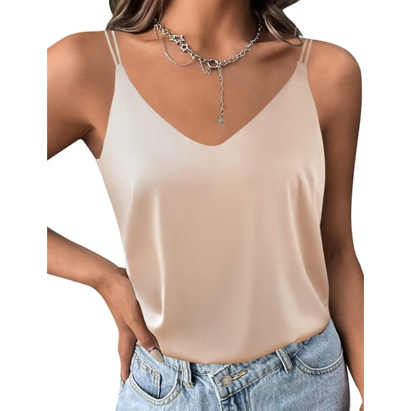 Ekouaer Womens Silk Satin Camisole V-Neck Spaghetti Strap Sleeveless Top with Cross Back Design