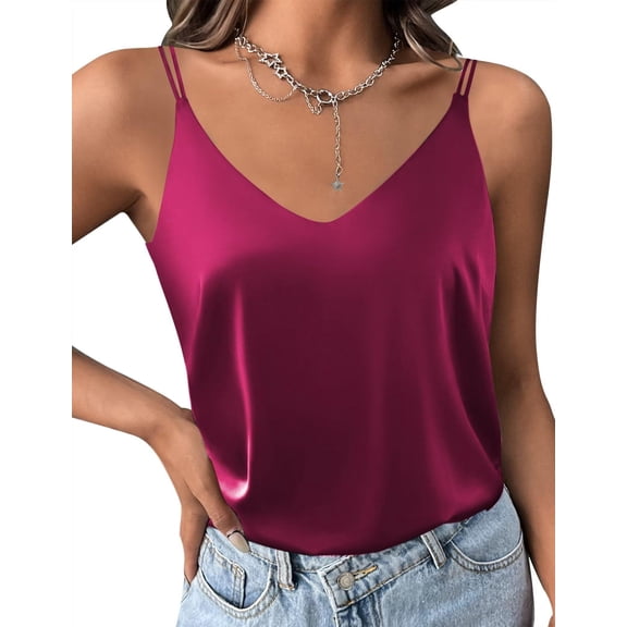Ekouaer Womens Silk Satin Camisole V-Neck Spaghetti Strap Sleeveless Top with Cross Back Design