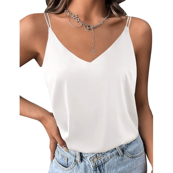 Ekouaer Womens Silk Satin Camisole V-Neck Spaghetti Strap Sleeveless Top with Cross Back Design
