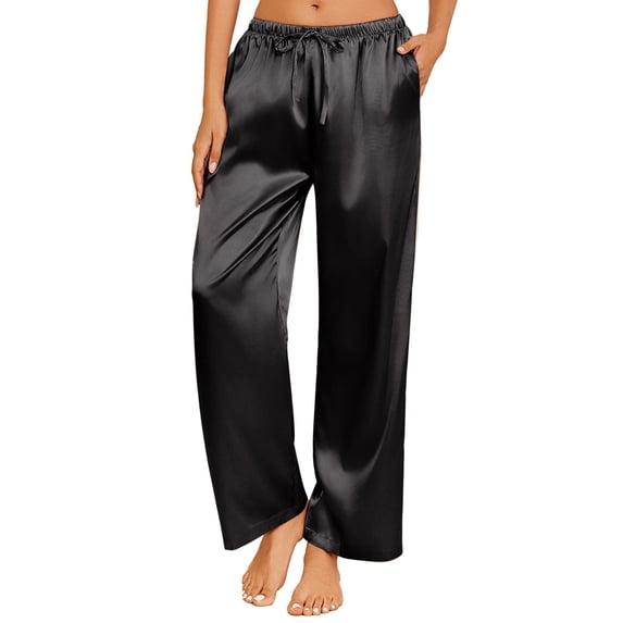 Ekouaer Womens Silk Satin Pajama Pants Casual Loose Lounge Pants Drawstring Elastic Waist Wide Leg Pj Bottoms with Pockets