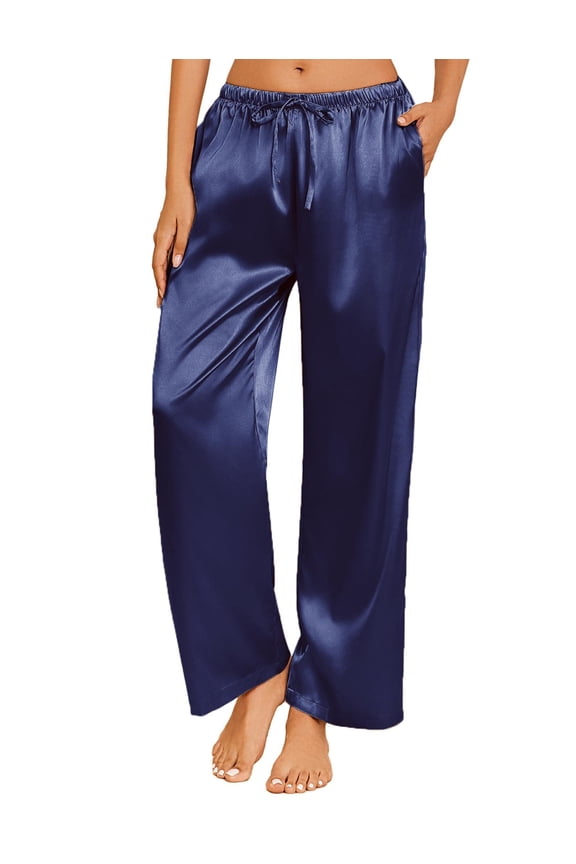 Womens Silk Satin Pajama Pants Casual Loose Lounge Pants Drawstring Elastic Waist Wide Leg Pj Bottoms with Pockets