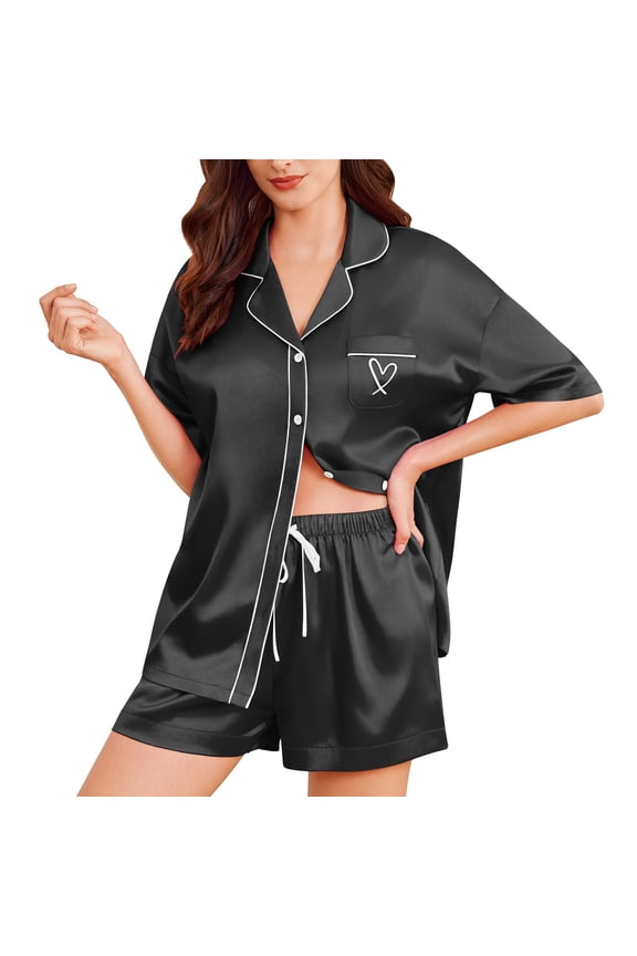Womens Silk Satin Pajama Set, 2 Piece Heart Embroidery Short Sleeve Button Down Pjs Set for Bridal Party