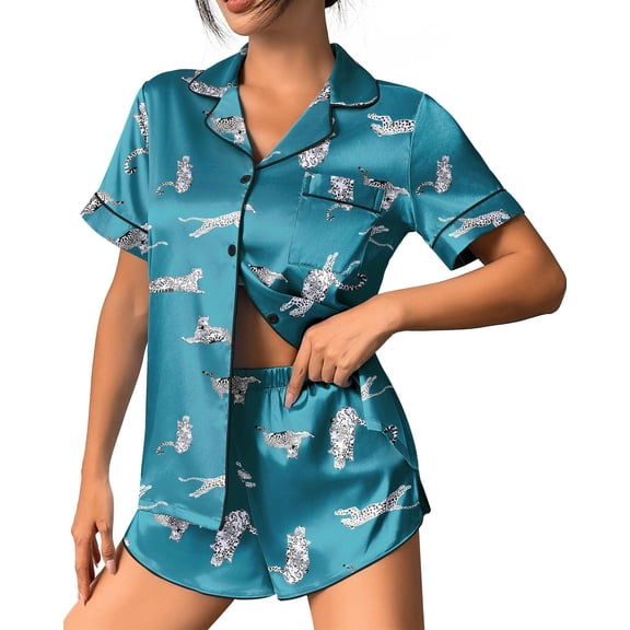 Ekouaer Womens Silk Satin Pajama Set Print Short Sleeve Sleepwear Button Down Pjs Shorts Set Loungewear