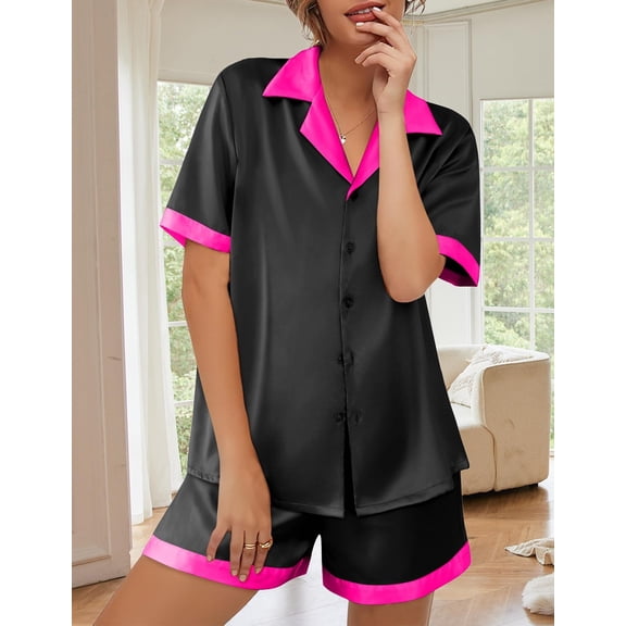 Ekouaer Womens Silk Satin Pajama Set Short Sleeve PJs 2 Piece Button Down Top and Shorts Soft Sleepwear