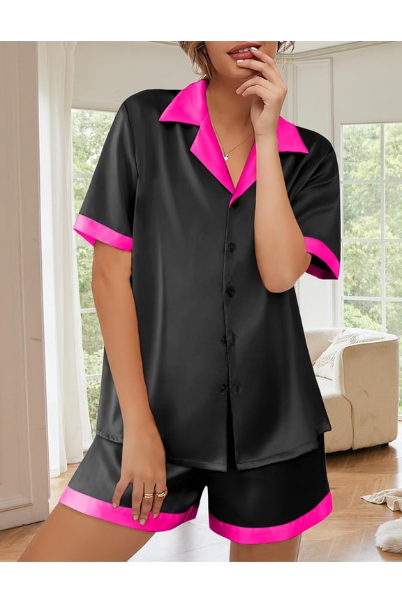 Womens Silk Satin Pajama Set Short Sleeve PJs 2 Piece Button Down Top and Shorts Soft Sleepwear