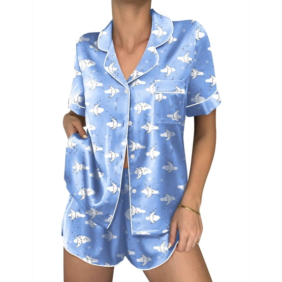 Ekouaer Womens Silk Satin Pajama Sets 2 Piece Button Down Silk Pjs Shorts Sets Cute Print Short Sleeve Sleepwear