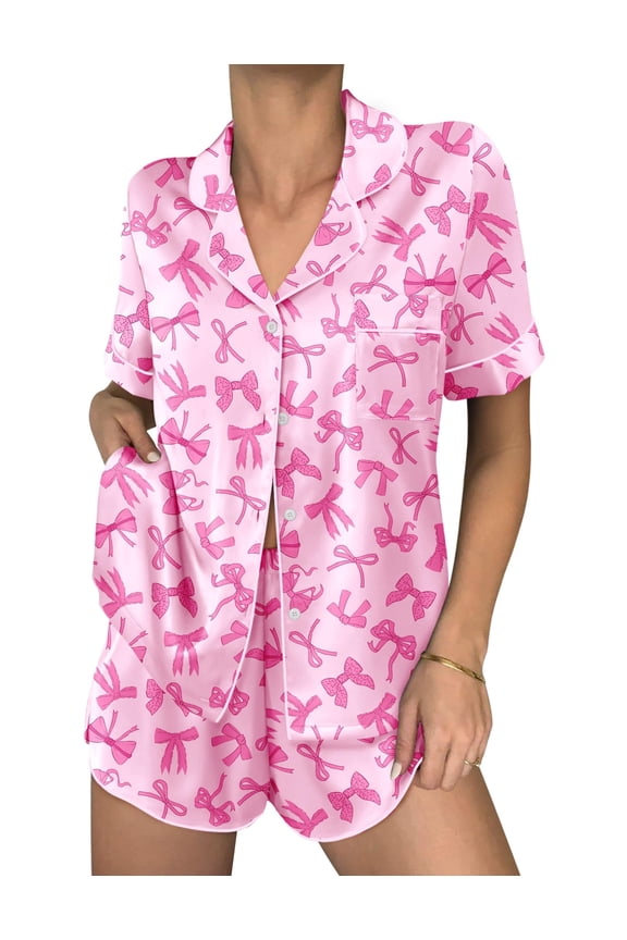 Womens Silk Satin Pajama Sets 2 Piece Button Down Silk Pjs Shorts Sets Cute Print Short Sleeve Sleepwear