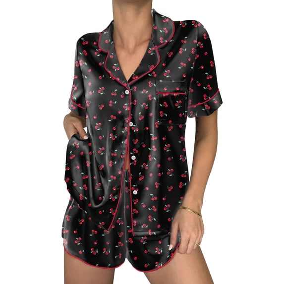 Ekouaer Womens Silk Satin Pajama Sets 2 Piece Button Down Silk Pjs Shorts Sets Cute Print Short Sleeve Sleepwear