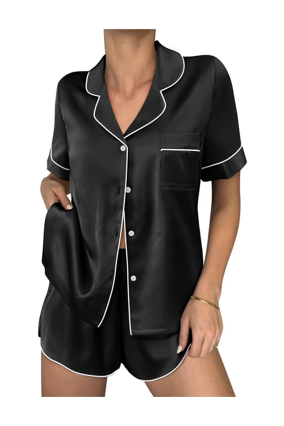 Womens Silk Satin Pajama Sets 2 Piece Button Down Silk Pjs Shorts Sets Cute Print Short Sleeve Sleepwear