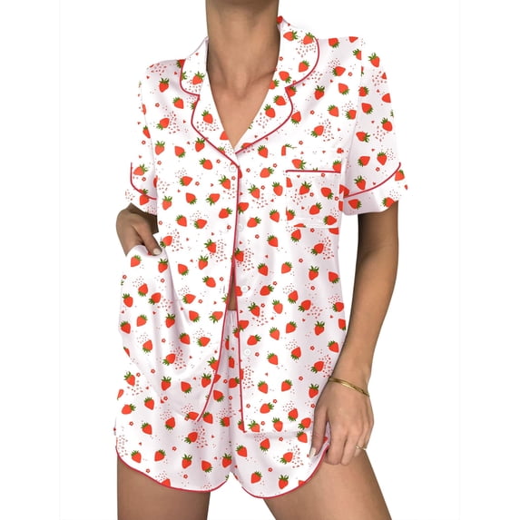 Ekouaer Womens Silk Satin Pajama Sets 2 Piece Button Down Silk Pjs Shorts Sets Cute Print Short Sleeve Sleepwear