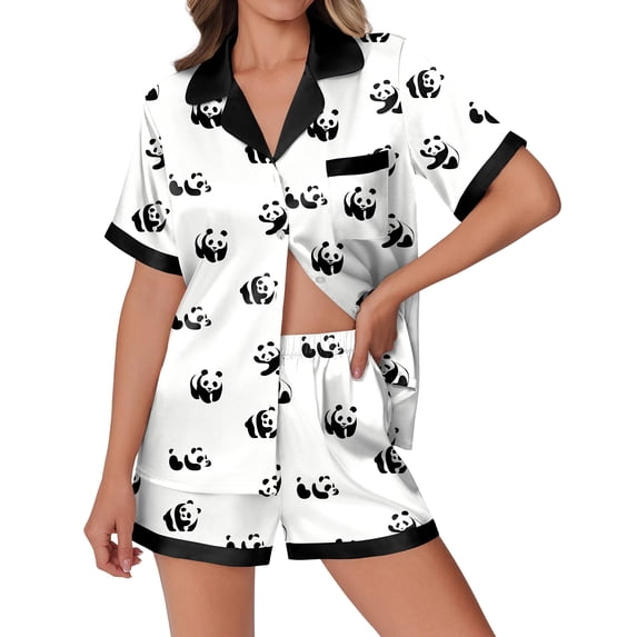 Ekouaer Womens Silk Satin Pajamas Set Animals Print Pjs Button Down Short Sleeve Lounge Set 2 Piece Sleepwear