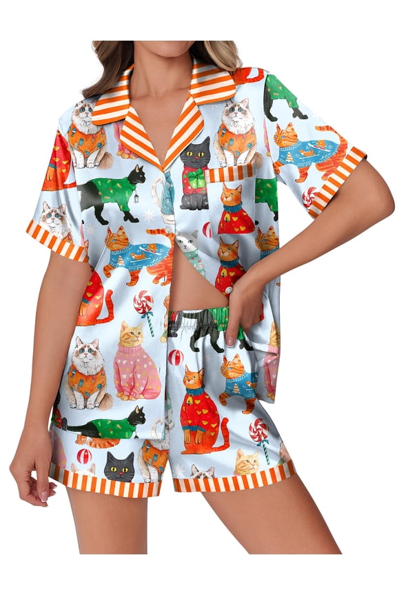 Womens Silk Satin Pajamas Set Animals Print Pjs Button Down Short Sleeve Lounge Set 2 Piece Sleepwear