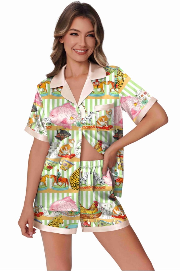 Womens Silk Satin Pajamas Set Animals Print Pjs Button Down Short Sleeve Lounge Set 2 Piece Sleepwear