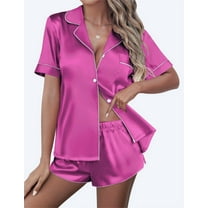 Ekouaer Womens Satin Sleep Set Short Sleeve Silk Style Nightwear Button Front Two Piece Lounge Shorts Outfit