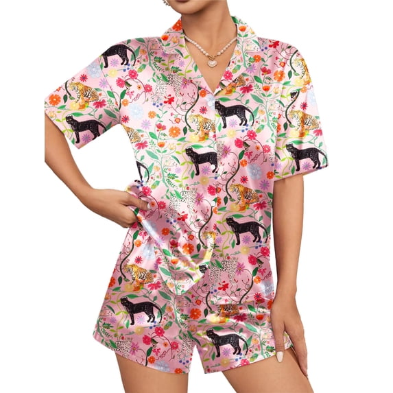 Ekouaer Womens Silk Satin Pajamas Set Short Sleeve Sleepwear Button Down Top and Shorts Loungewear 2 Piece Pjs Set