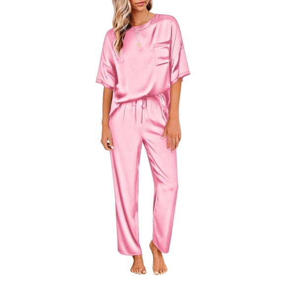 Ekouaer Womens Silk Satin Pajamas Set Two Piece Pj Sets Sleepwear Loungewear Short Sleeve Pj Sets