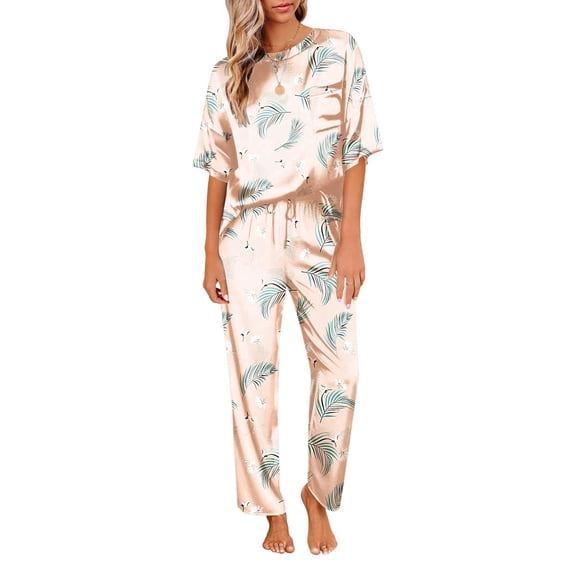 Ekouaer Womens Silk Satin Pajamas Set Two Piece Pj Sets Sleepwear Loungewear Short Sleeve Pj Sets