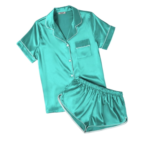 Ekouaer Womens Silk Satin Pajamas Short Sleeve Sleepwear Soft Button Down Loungewear 2 Piece PJS Shorts Set