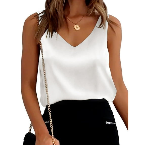 Ekouaer Womens Silk Satin Tank Tops V Neck Casual Cami Sleeveless Camisole Blouses Summer Basic Tank Shirt