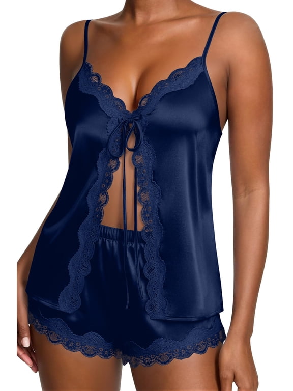 Womens Silky Pajamas Set Satin Cami Tops and Shorts Lingerie Set