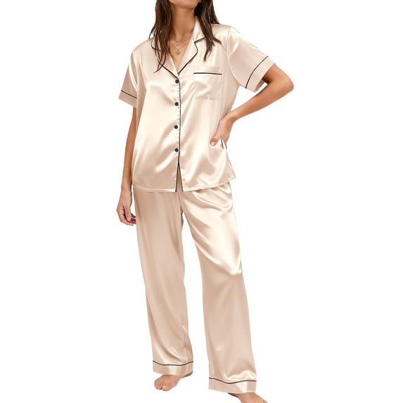 Ekouaer Womens Silky Satin Pajamas Set Short Sleeve Button Down Sleepwear 2 Piece Lounge Set Pj Set