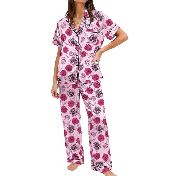 Ekouaer Womens Silky Satin Pajamas Set Short Sleeve Button Down Sleepwear 2 Piece Lounge Set Pj Set
