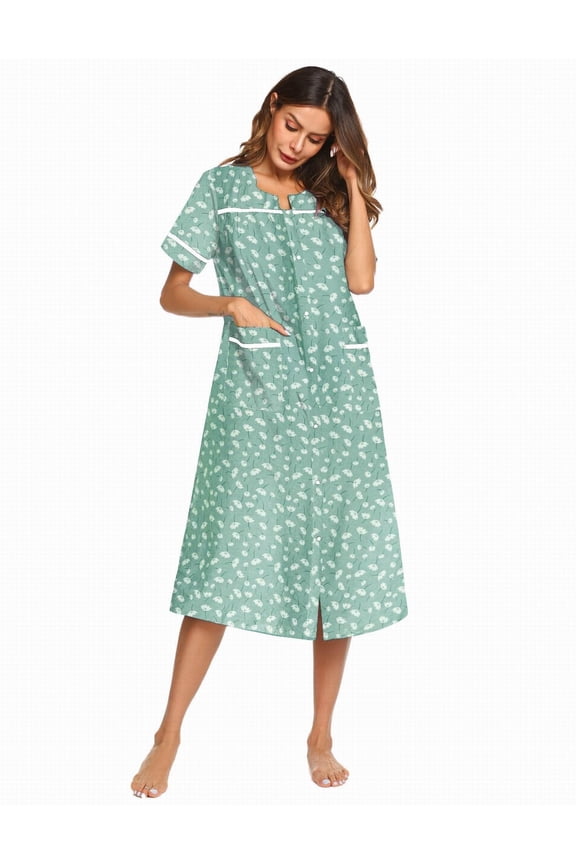 Womens Snap Front Dusters Cotton Housecoat Short Sleeve Nightgown House Dress With Pockets