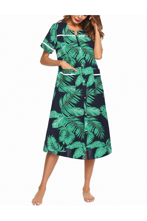 Womens Snap Front Dusters Cotton Housecoat Short Sleeve Nightgown House Dress With Pockets