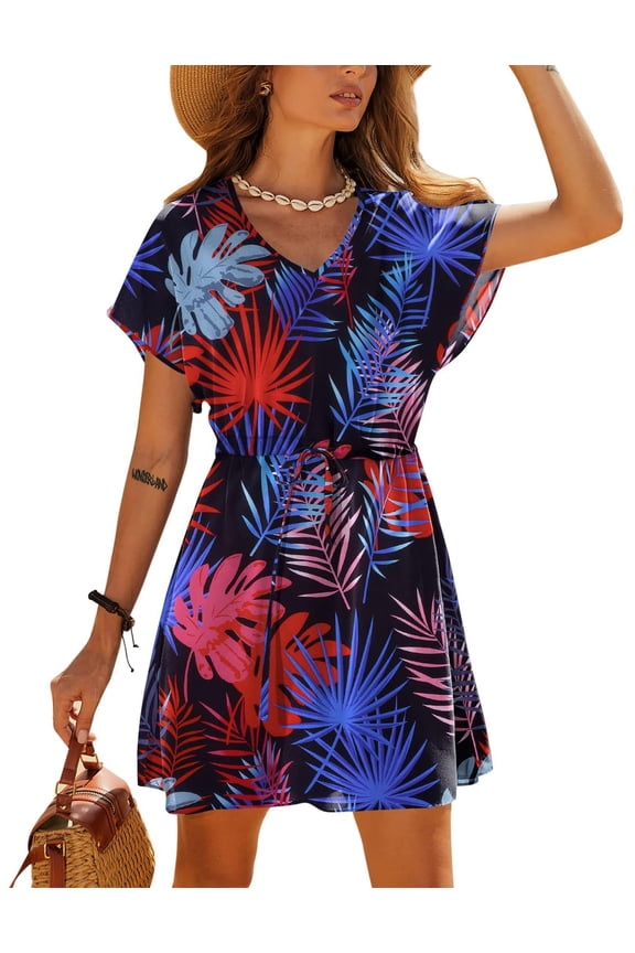 Womens Swimsuit Cover Up Tie Waist Beach Coverups Short Sleeve Bathingsuit Coverup Summer Swimwear