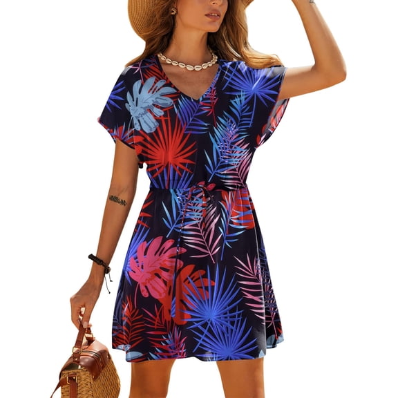 Ekouaer Womens Swimsuit Cover Up Tie Waist Beach Coverups Short Sleeve Bathingsuit Coverup Summer Swimwear