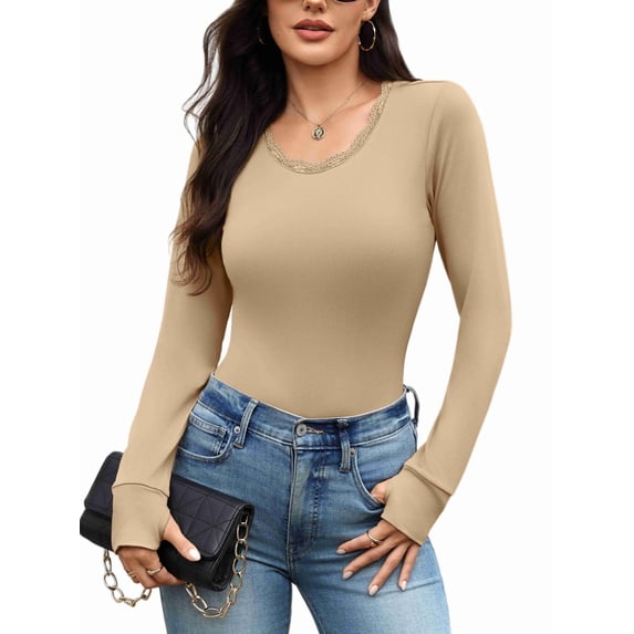 Ekouaer Womens Long Sleeve Shirt Thermal Top Soft Lightweight Base Layer Shirt with Lace Trim Warm Scoop Neck Underwear for Winter
