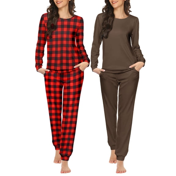 Ekouaer Womens Two Pack Sleep Set Long Sleeve Shirt and Jogger Bottoms Lounge Wear Nightwear with Pockets