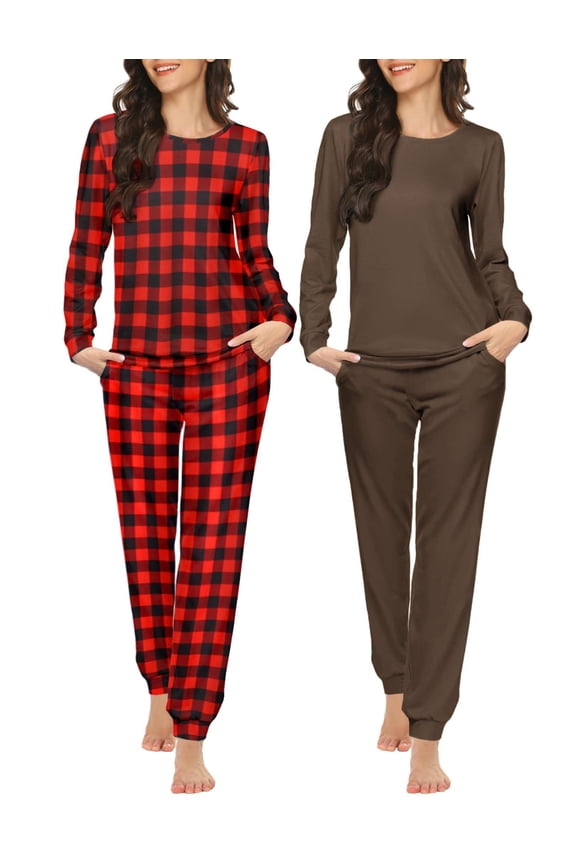 Womens Two Pack Sleep Set Long Sleeve Shirt and Jogger Bottoms Lounge Wear Nightwear with Pockets
