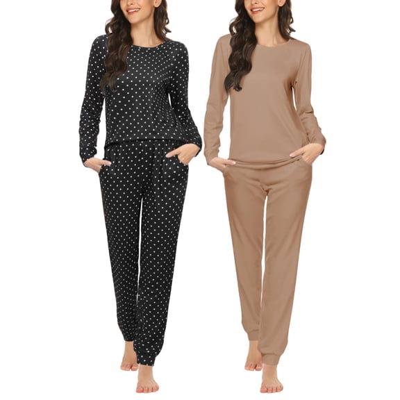 Ekouaer Womens Two Pack Sleep Set Long Sleeve Shirt and Jogger Bottoms Lounge Wear Nightwear with Pockets