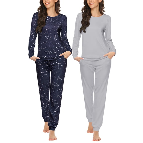 Ekouaer Womens Two Pack Sleep Set Long Sleeve Shirt and Jogger Bottoms Lounge Wear Nightwear with Pockets